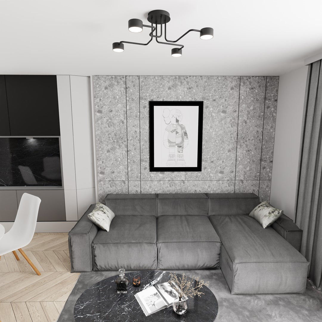 Plafondlamp gepoedercoat staal Kurage modern mat zwart 53 x 53 cm, 4 lichtpunten voor woonkamer en eetkamer