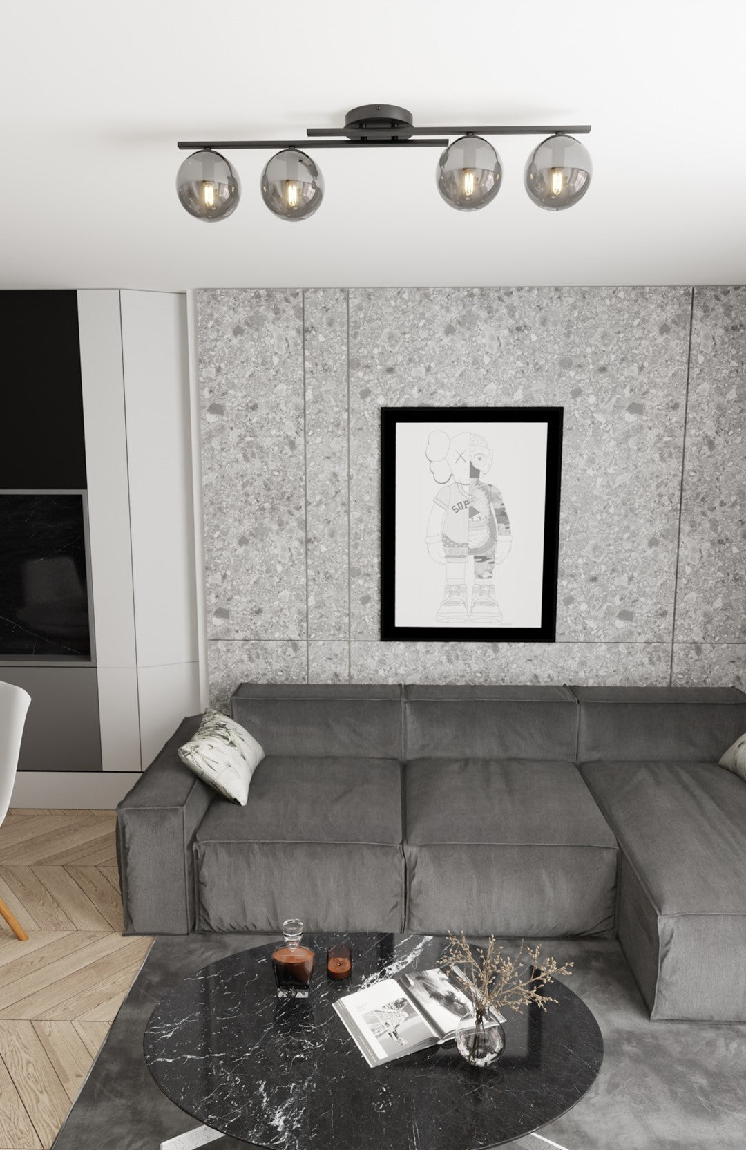 Plafondlamp gepoedercoat staal modern Kairo, zwart met grafiet glazen kappen, 4 lichts, 87 x 29 cm, woonkamer