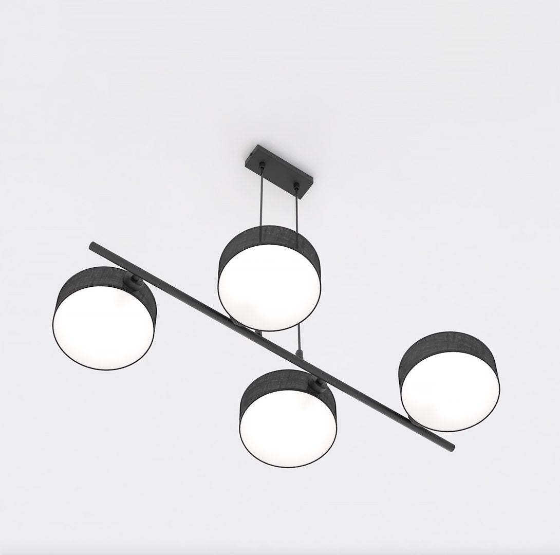 Hanglamp gepoedercoat staal Japandi zwart, 4 lampen met gevlochten kappen Ø 20 cm, boven eettafel of kookeiland