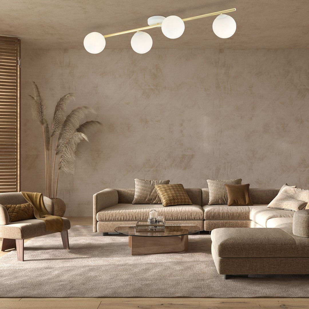 Plafondlamp Splendi gepoedercoat staal en glas, modern, wit en goud, 4 lichtpunten E14, 100 cm breed