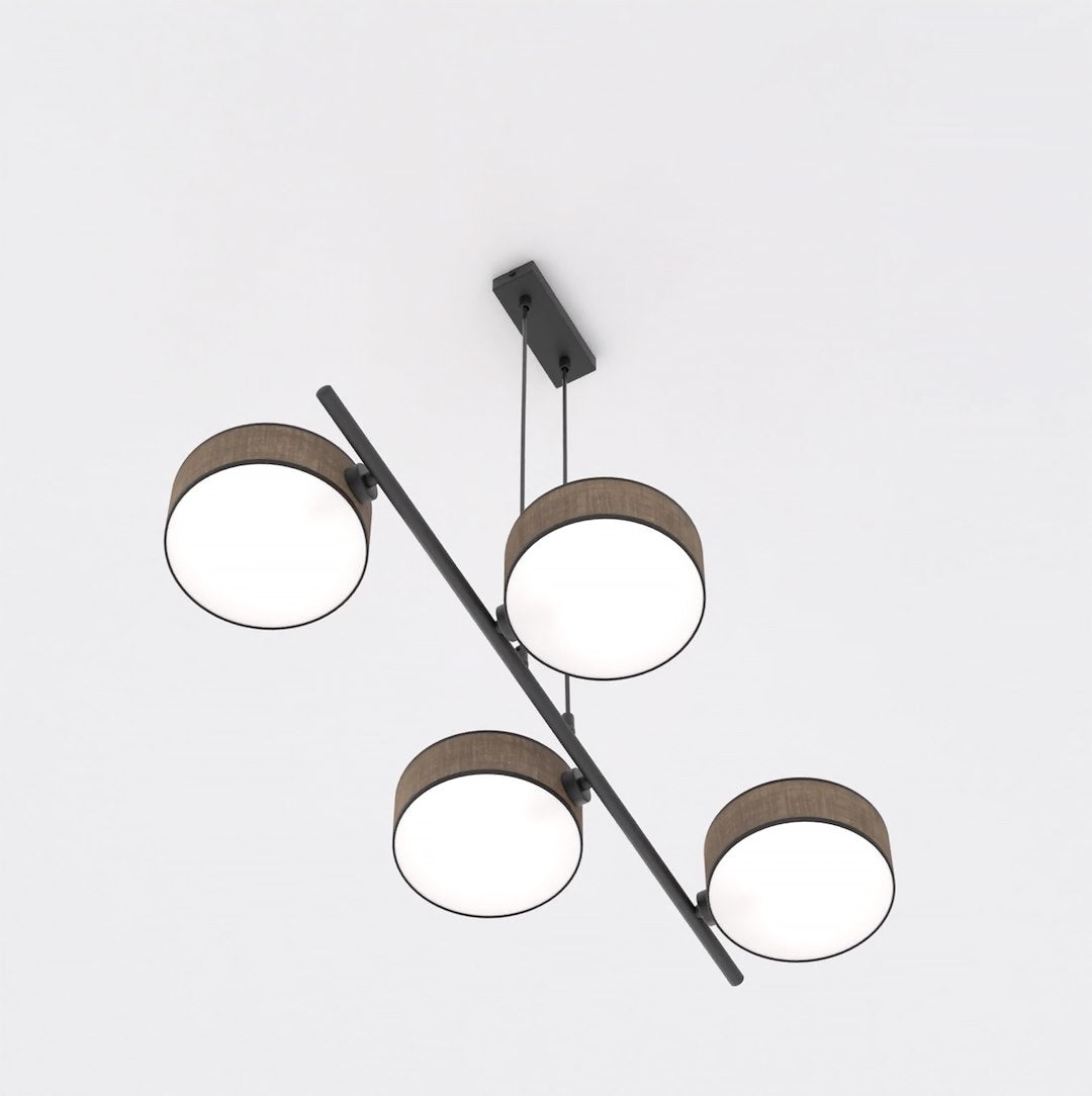 Hanglamp lineair gepoedercoat staal Japandi Drumz 4 bruin zwart, 4 kappen Ø 20 cm, eettafel en keukeneiland