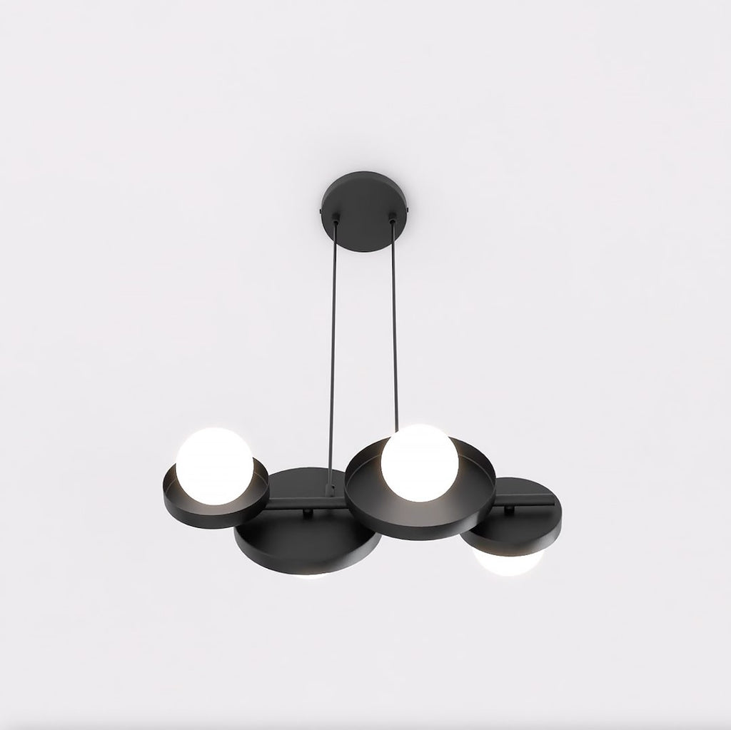 Hanglamp gepoedercoat staal minimalistisch Model 4 zwart met witte kappen, 53 x 23 cm, 4 lichtpunten, eettafel