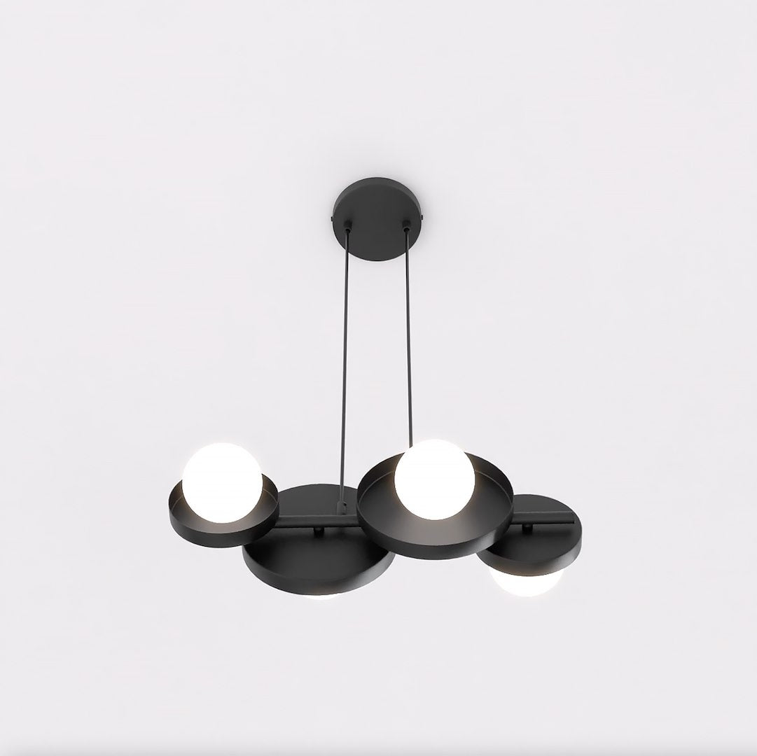 Hanglamp gepoedercoat staal minimalistisch Model 4 zwart met witte kappen, 53 x 23 cm, 4 lichtpunten, eettafel