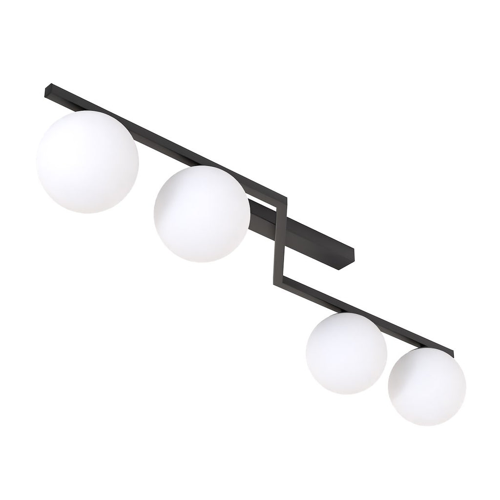 Plafondlamp gepoedercoat staal Naton modern zwart met 4 matte witte bolkappen, 100 x 32 x 20 cm, woonkamer, eetkamer en hal