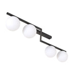 Plafondlamp gepoedercoat staal Naton modern zwart met 4 matte witte bolkappen, 100 x 32 x 20 cm, woonkamer, eetkamer en hal