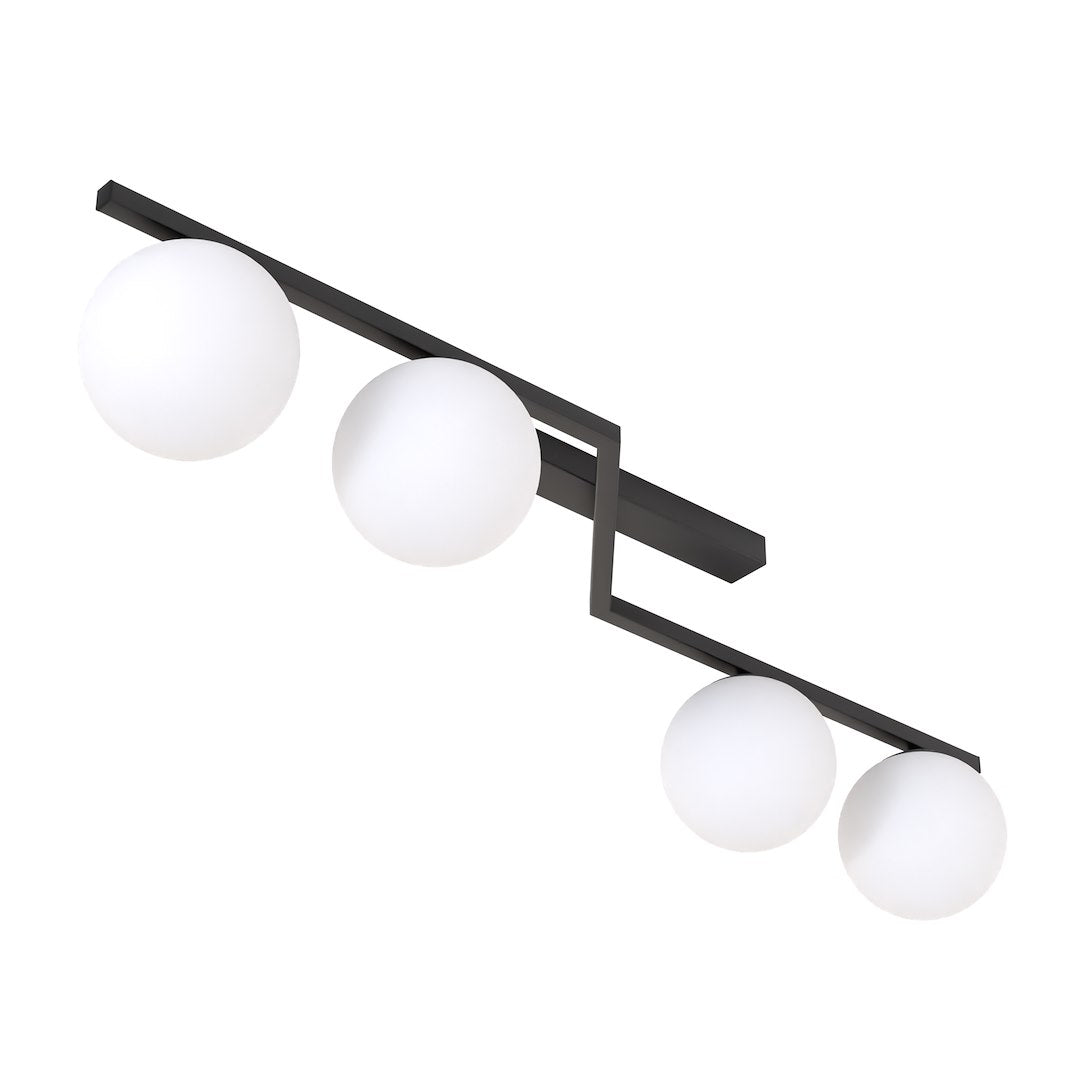 Plafondlamp gepoedercoat staal Naton modern zwart met 4 matte witte bolkappen, 100 x 32 x 20 cm, woonkamer, eetkamer en hal