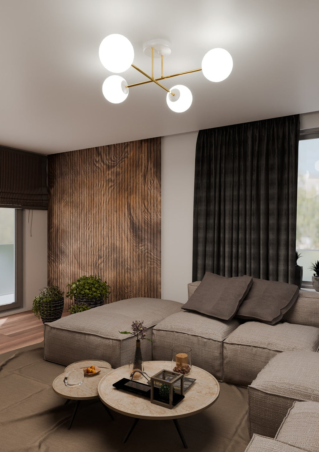 Plafondlamp gepoedercoat staal en glas Magnum, goud en wit, 4 lampen E14, 55 cm breed, woonkamer en eetkamer