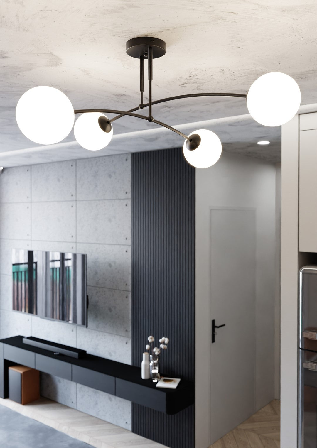 Plafondlamp gepoedercoat staal modern zwart met 4 witte glazen kappen, E14, 60 x 60 x 30 cm, eettafel of keukeneiland