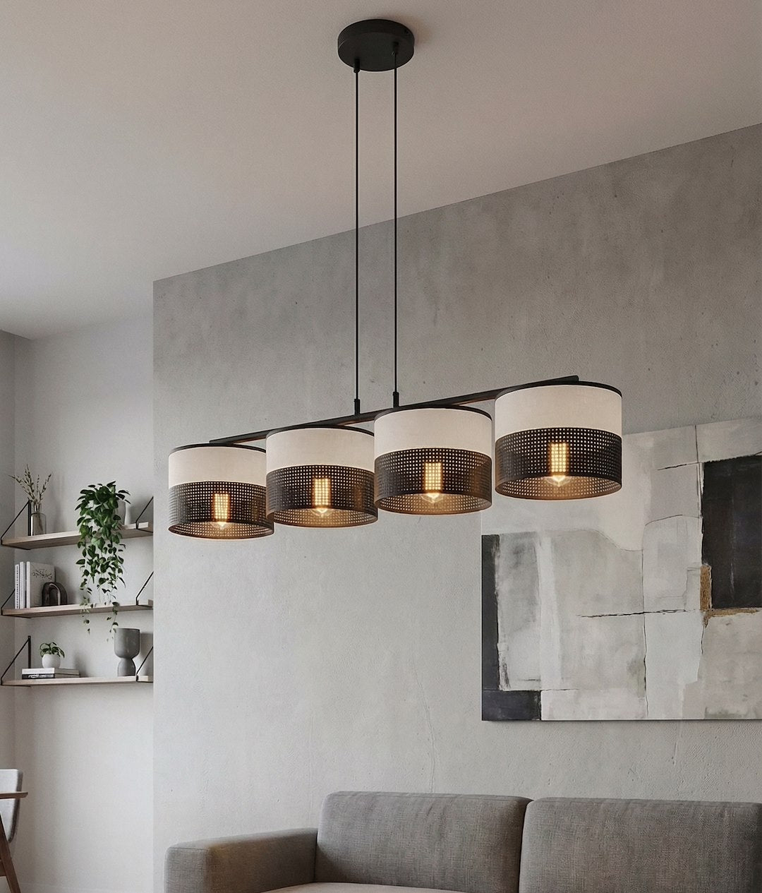 Hanglamp staal met stoffen kap minimalistisch Karbon zwart grijs 96 x 20 cm, 4 lichtpunten voor eettafel of keukeneiland
