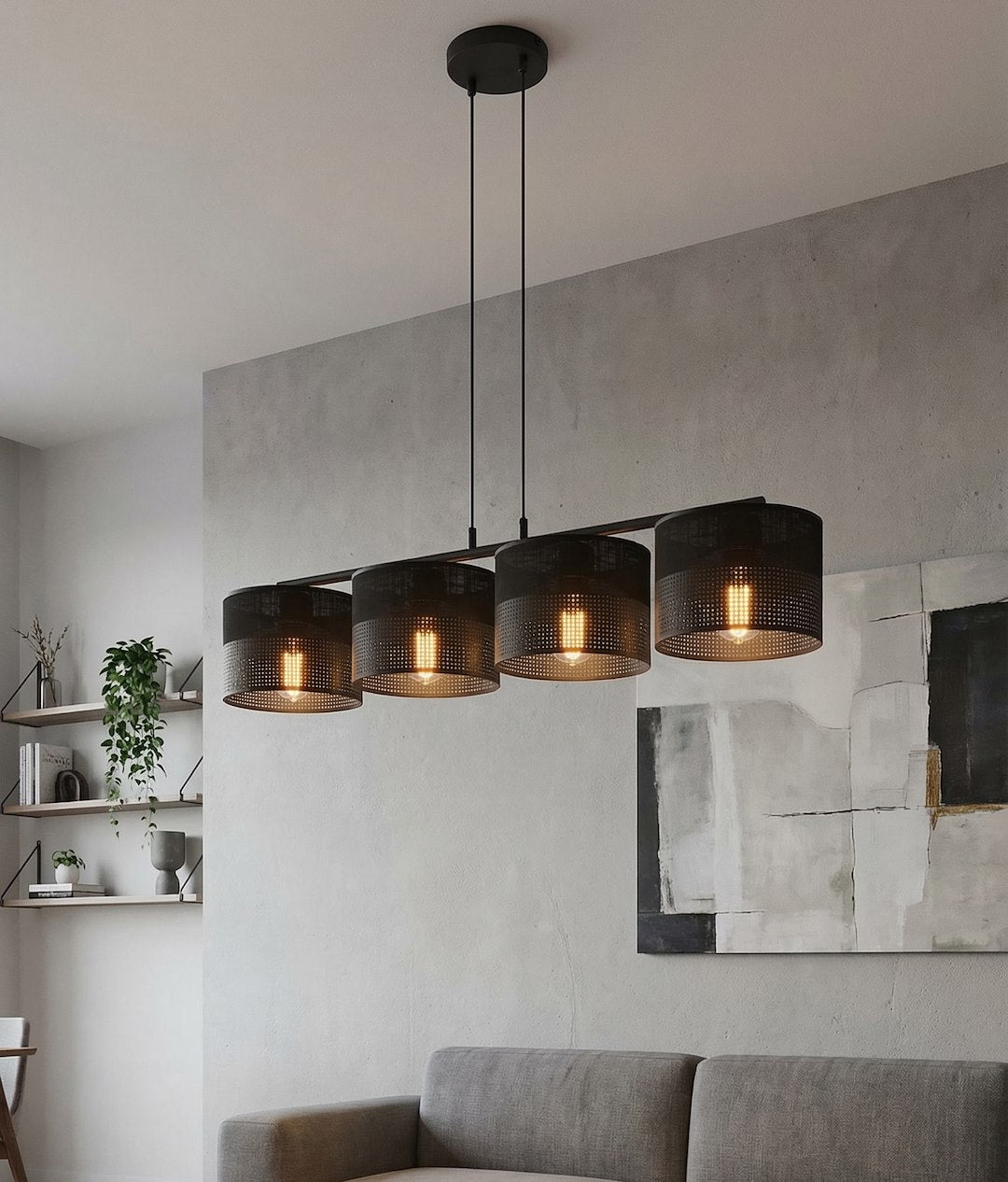 Hanglamp staal met stoffen kap Karbon, minimalistisch, zwart, 4 lichtpunten, 96 cm breed, eettafel en keukeneiland