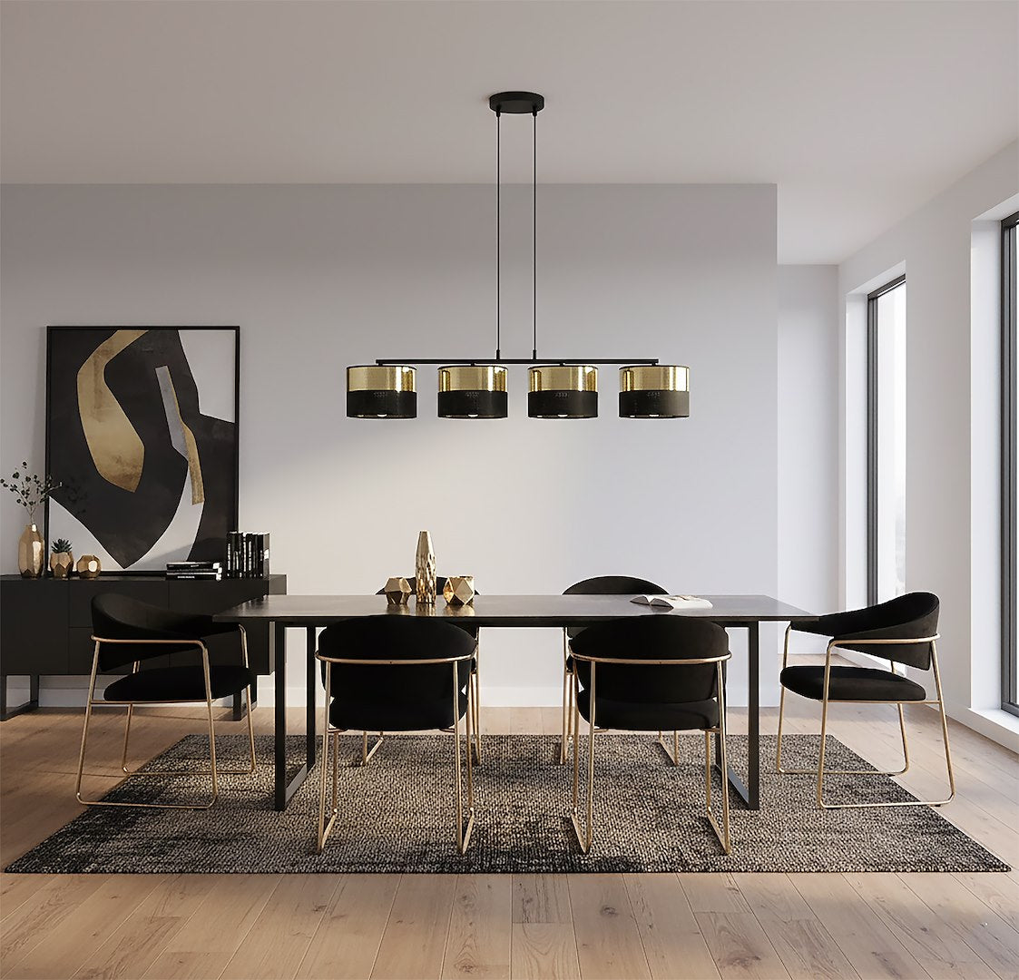 Hanglamp staal modern Lux zwart met goud, 4 lichtpunten, kap Ø 20 cm, breedte 96 cm, boven eettafel of keukeneiland
