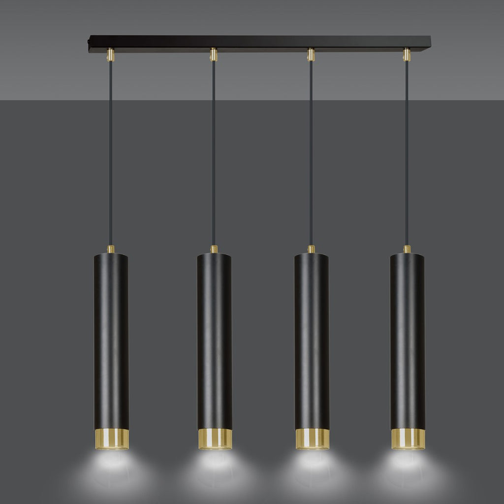 Hanglamp gepoedercoat staal Kibo, modern, zwart met goud, 4 lichts, 60 cm breed, voor woonkamer, keuken en thuiskantoor