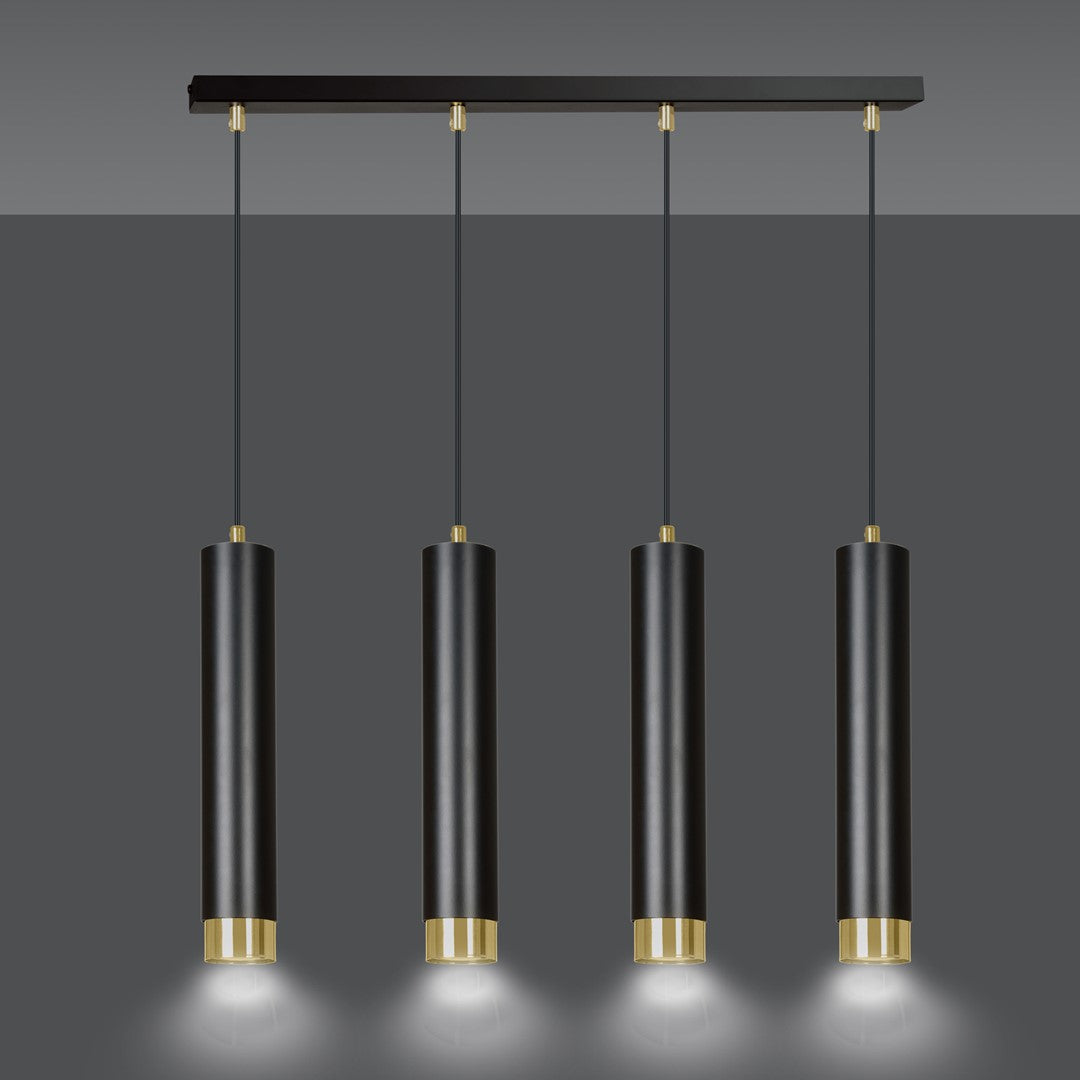 Hanglamp gepoedercoat staal Kibo, modern, zwart met goud, 4 lichts, 60 cm breed, voor woonkamer, keuken en thuiskantoor