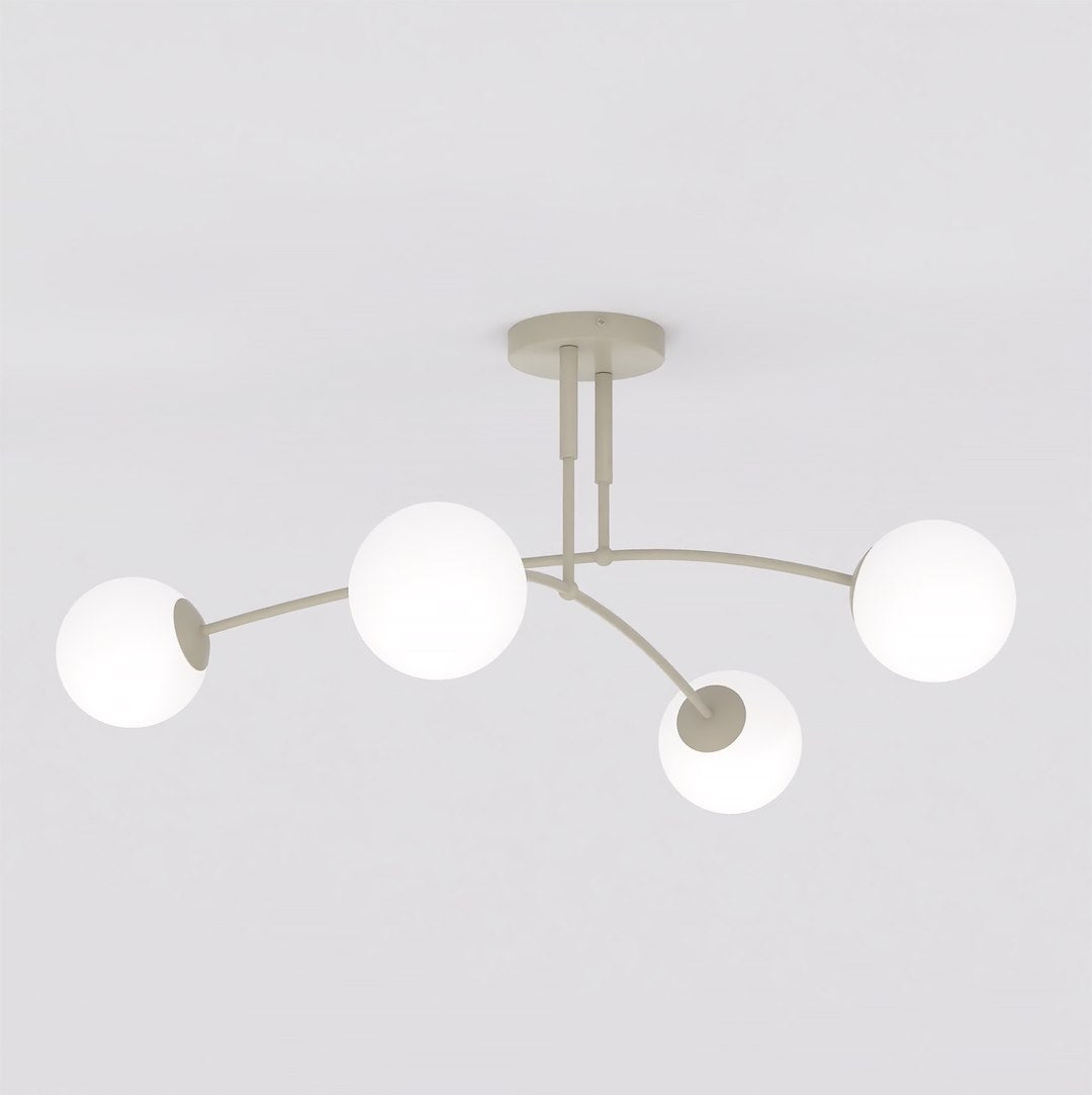 Plafondlamp staal en glas beige modern, 4 witte glazen bollen Ø 14 cm, 60 x 60 cm voor woonkamer