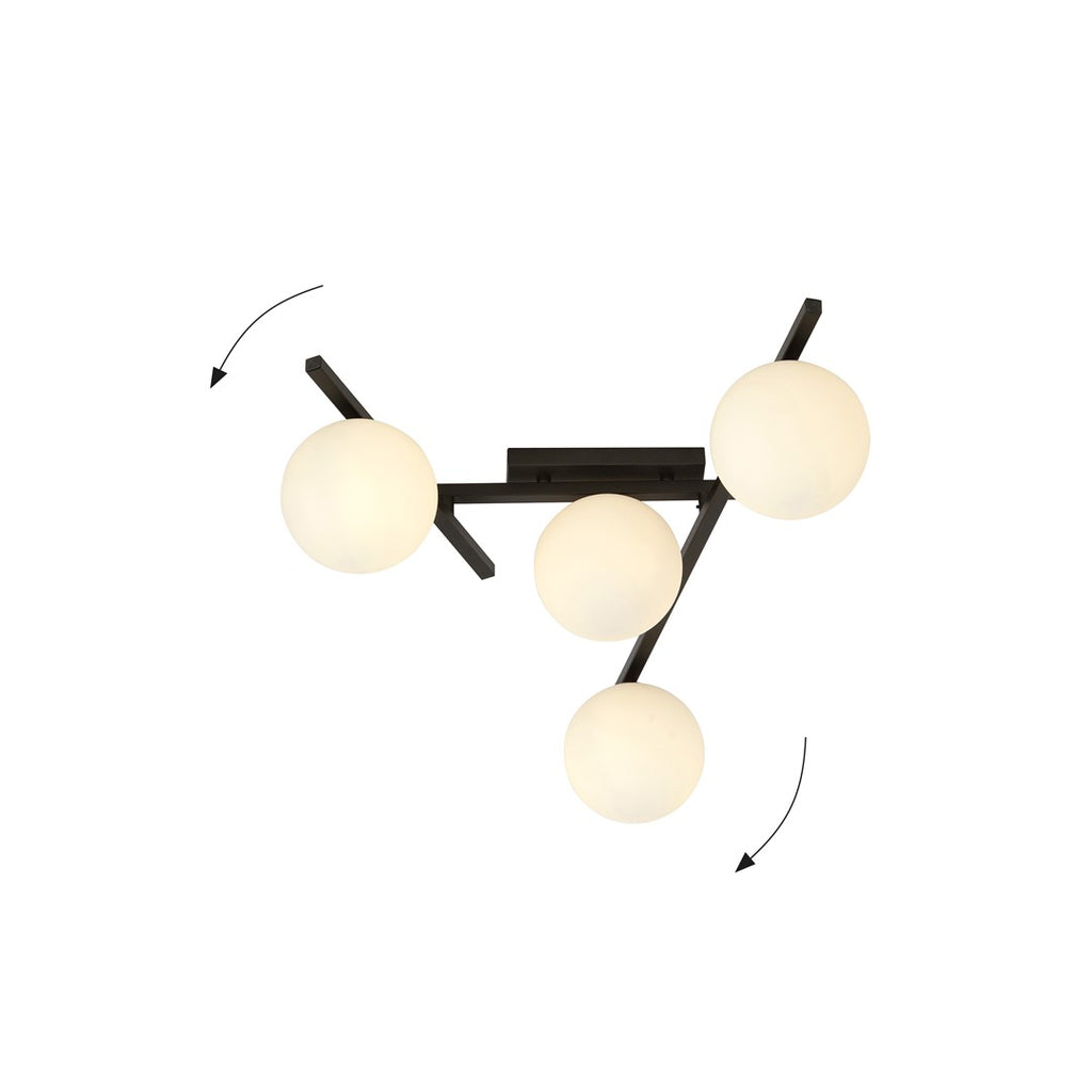 Plafondlamp gepoedercoat staal en glas Smart 4 lichts, zwart met witte kappen, 63 x 25 cm