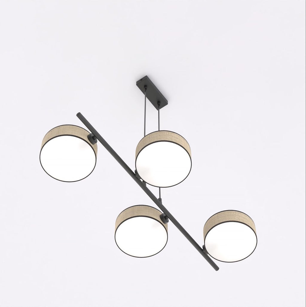 Hanglamp rotan gepoedercoat staal Drumz Japandi zwart, 4 kappen Ø 20 cm – 80 x 46 x 120 cm, eettafel en keukeneiland