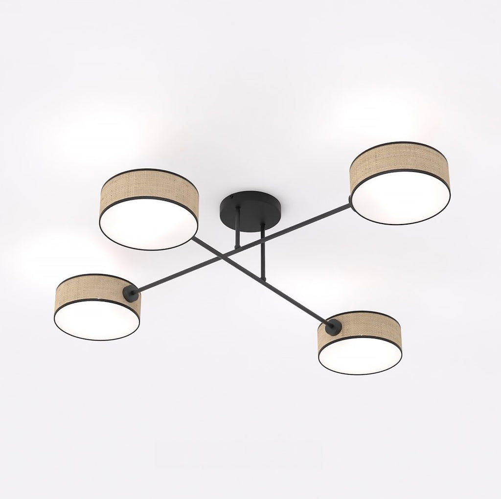 Plafondlamp gepoedercoat staal Japandi rotan kappen bruin met zwart, 4 fittingen E14, 96 x 96 cm