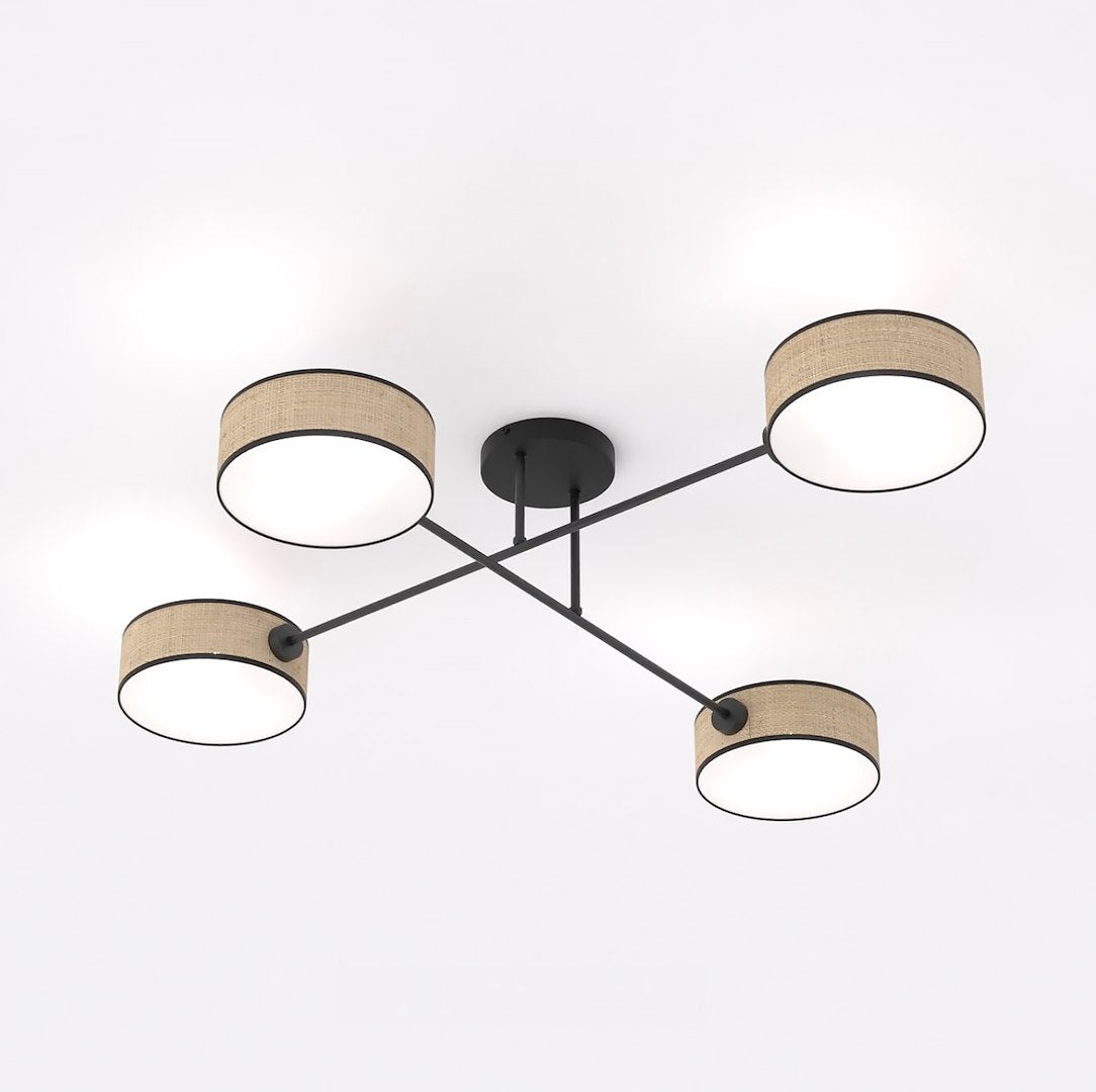 Plafondlamp gepoedercoat staal Japandi rotan kappen bruin met zwart, 4 fittingen E14, 96 x 96 cm