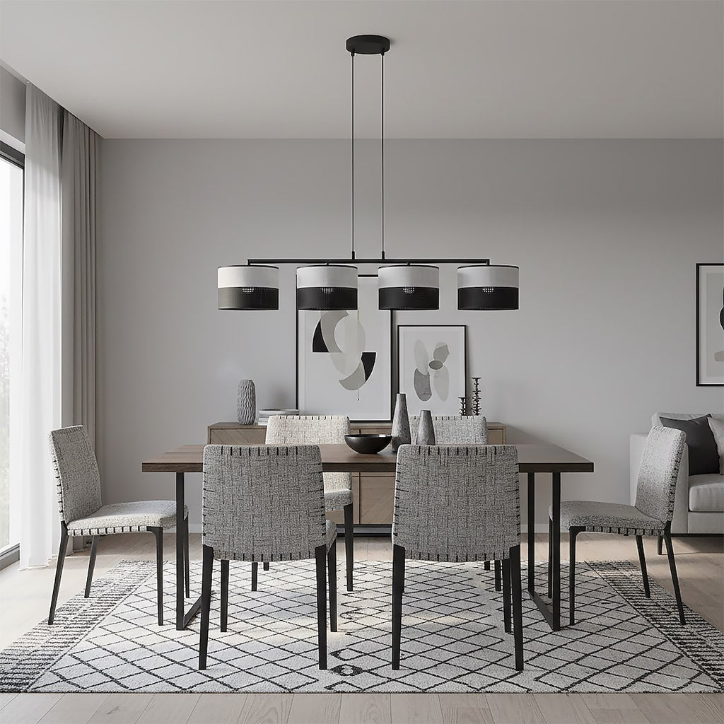 Hanglamp staal met stoffen kap minimalistisch Karbon zwart grijs 96 x 20 cm, 4 lichtpunten voor eettafel of keukeneiland