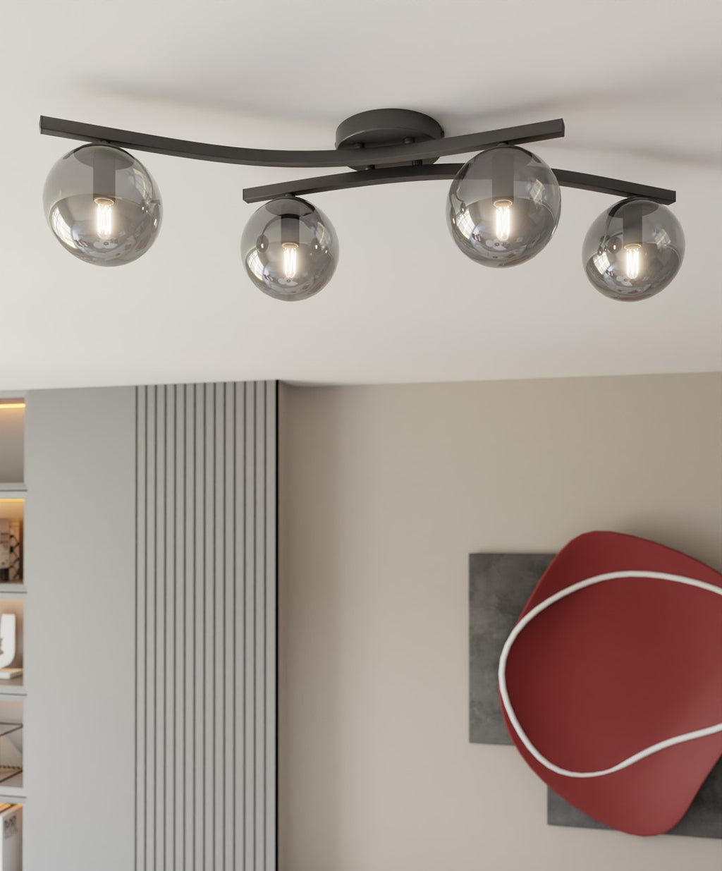 Plafondlamp gepoedercoat staal en glas Opus, zwart met grafiet glazen kappen, 4 lichts, 60 cm breed, woonkamer en slaapkamer