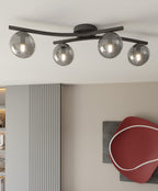 Plafondlamp gepoedercoat staal en glas Opus, zwart met grafiet glazen kappen, 4 lichts, 60 cm breed, woonkamer en slaapkamer