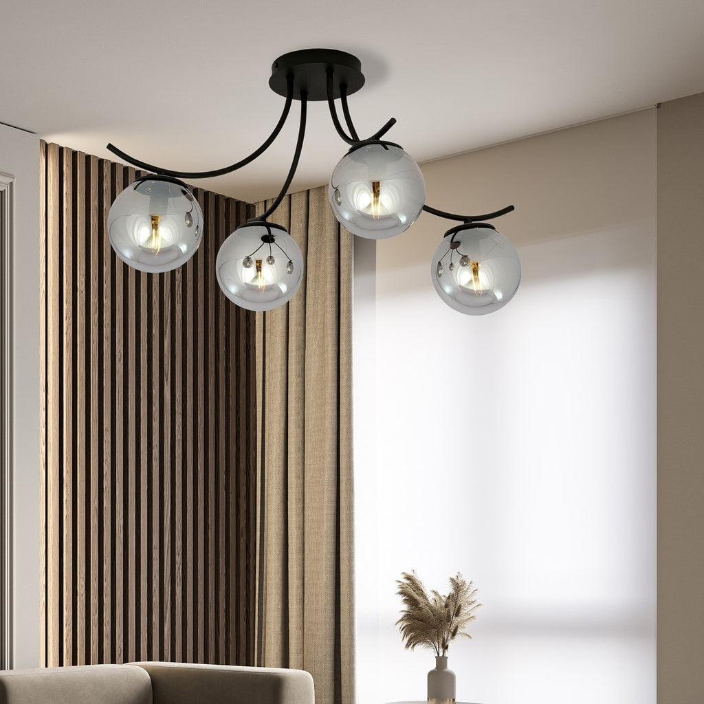 Plafondlamp gepoedercoat staal en glas Boston, zwart met grafiet glazen kappen, 4 lichts, 70 x 37 cm, E14