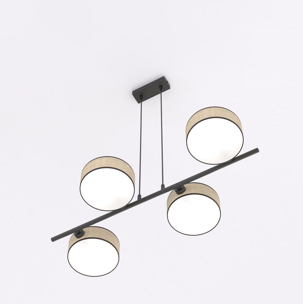 Hanglamp rotan gepoedercoat staal Drumz Japandi zwart, 4 kappen Ø 20 cm – 80 x 46 x 120 cm, eettafel en keukeneiland