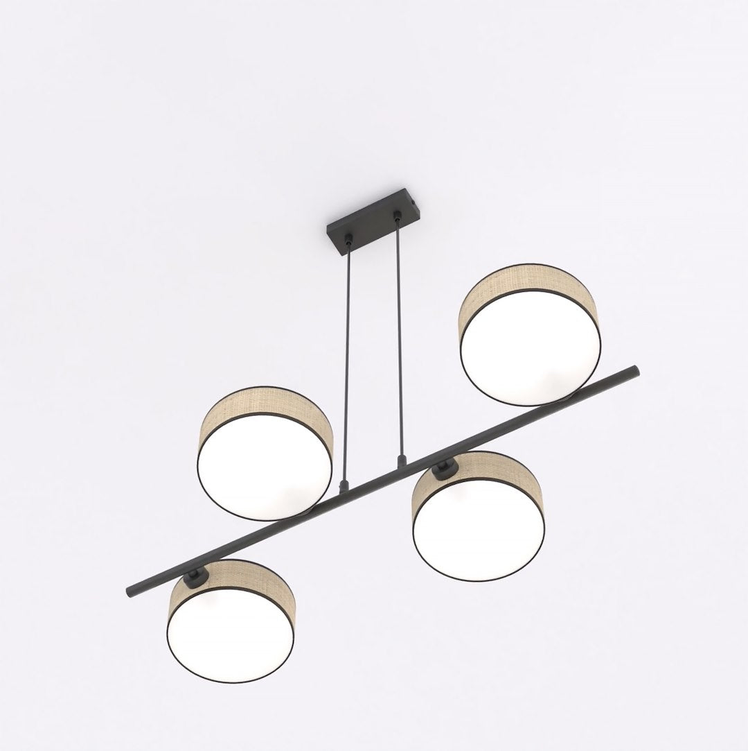 Hanglamp rotan gepoedercoat staal Drumz Japandi zwart, 4 kappen Ø 20 cm – 80 x 46 x 120 cm, eettafel en keukeneiland