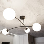 Plafondlamp gepoedercoat staal modern zwart met 4 witte glazen kappen, E14, 60 x 60 x 30 cm, eettafel of keukeneiland