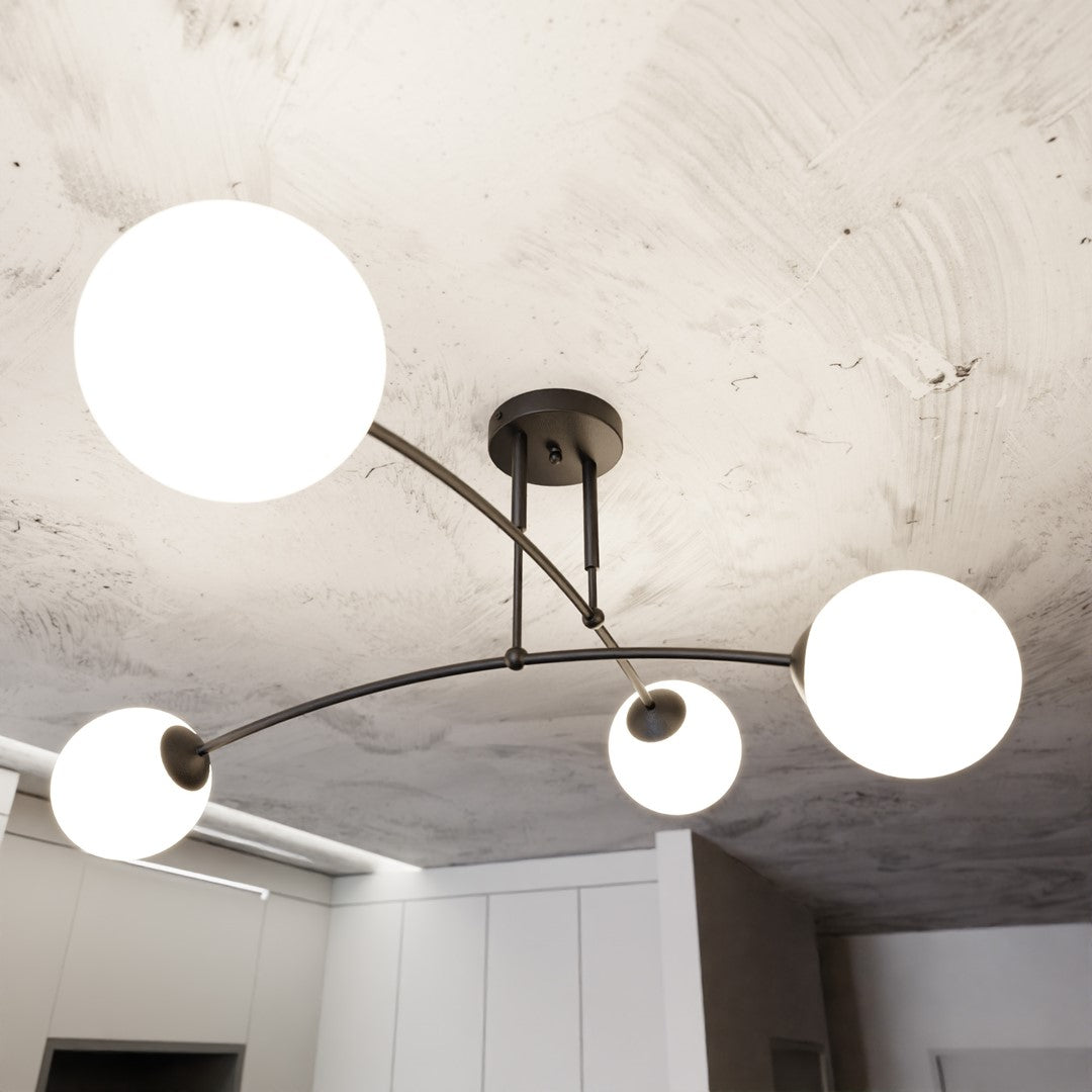 Plafondlamp gepoedercoat staal modern zwart met 4 witte glazen kappen, E14, 60 x 60 x 30 cm, eettafel of keukeneiland