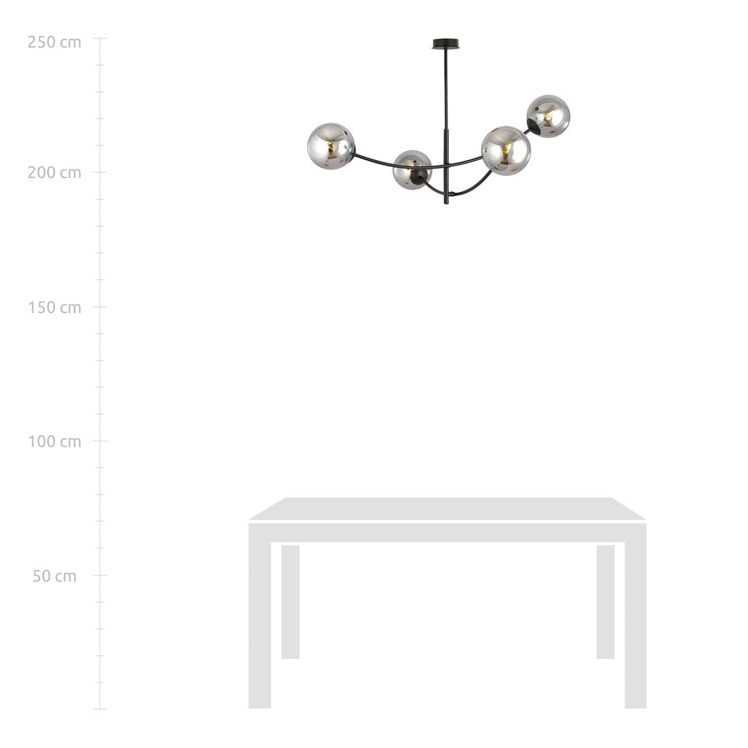 Plafondlamp gepoedercoat staal en glas Hunter, zwart met grafiet glazen kappen, 4 lichts, 89 x 63 cm