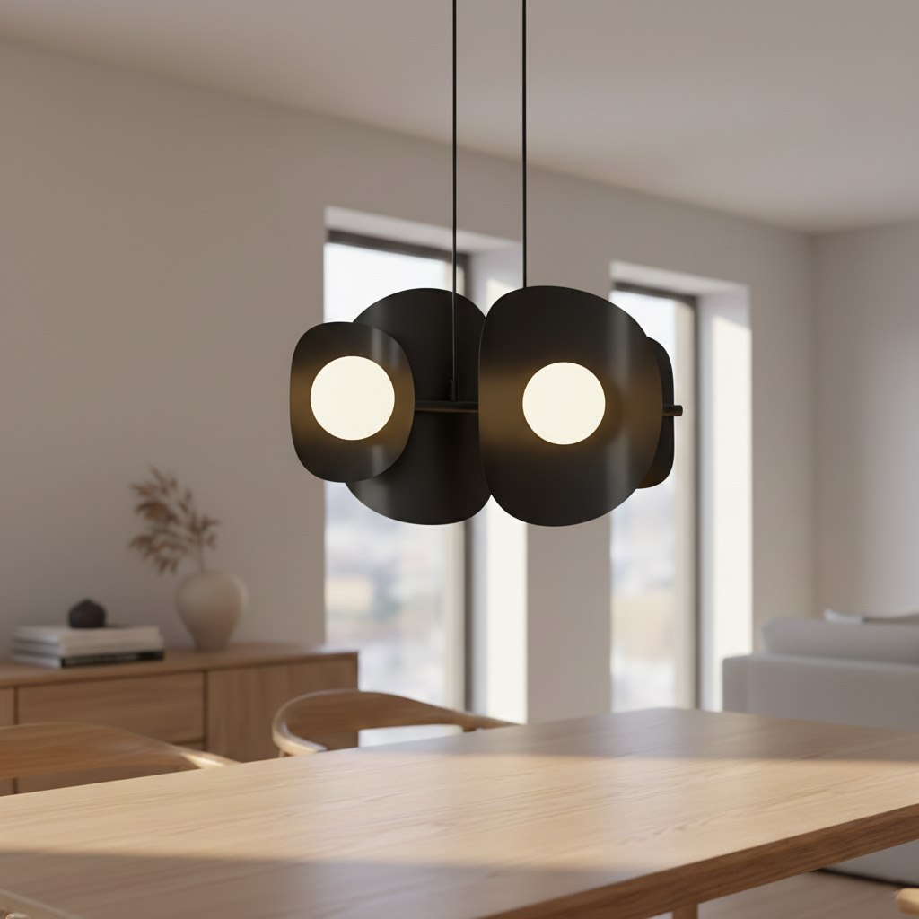 Hanglamp gepoedercoat staal modern Elementi 4 zwart met witte kappen, 4 lichtpunten – 54 x 23 x 120 cm, eettafel