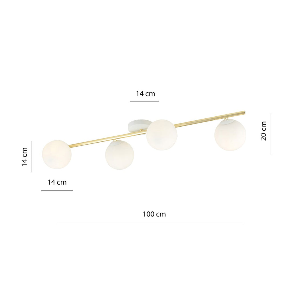 Plafondlamp Splendi gepoedercoat staal en glas, modern, wit en goud, 4 lichtpunten E14, 100 cm breed