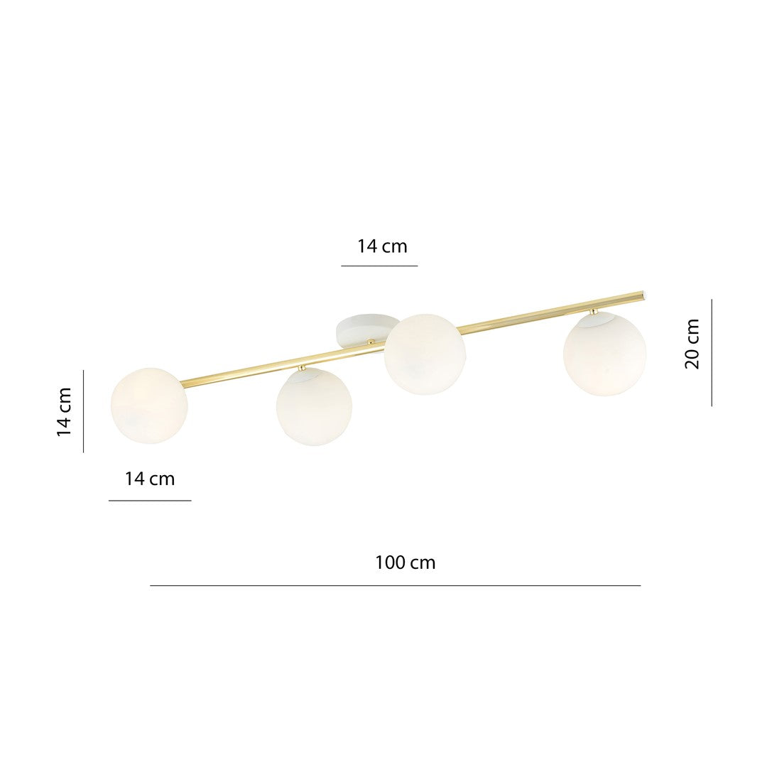 Plafondlamp Splendi gepoedercoat staal en glas, modern, wit en goud, 4 lichtpunten E14, 100 cm breed