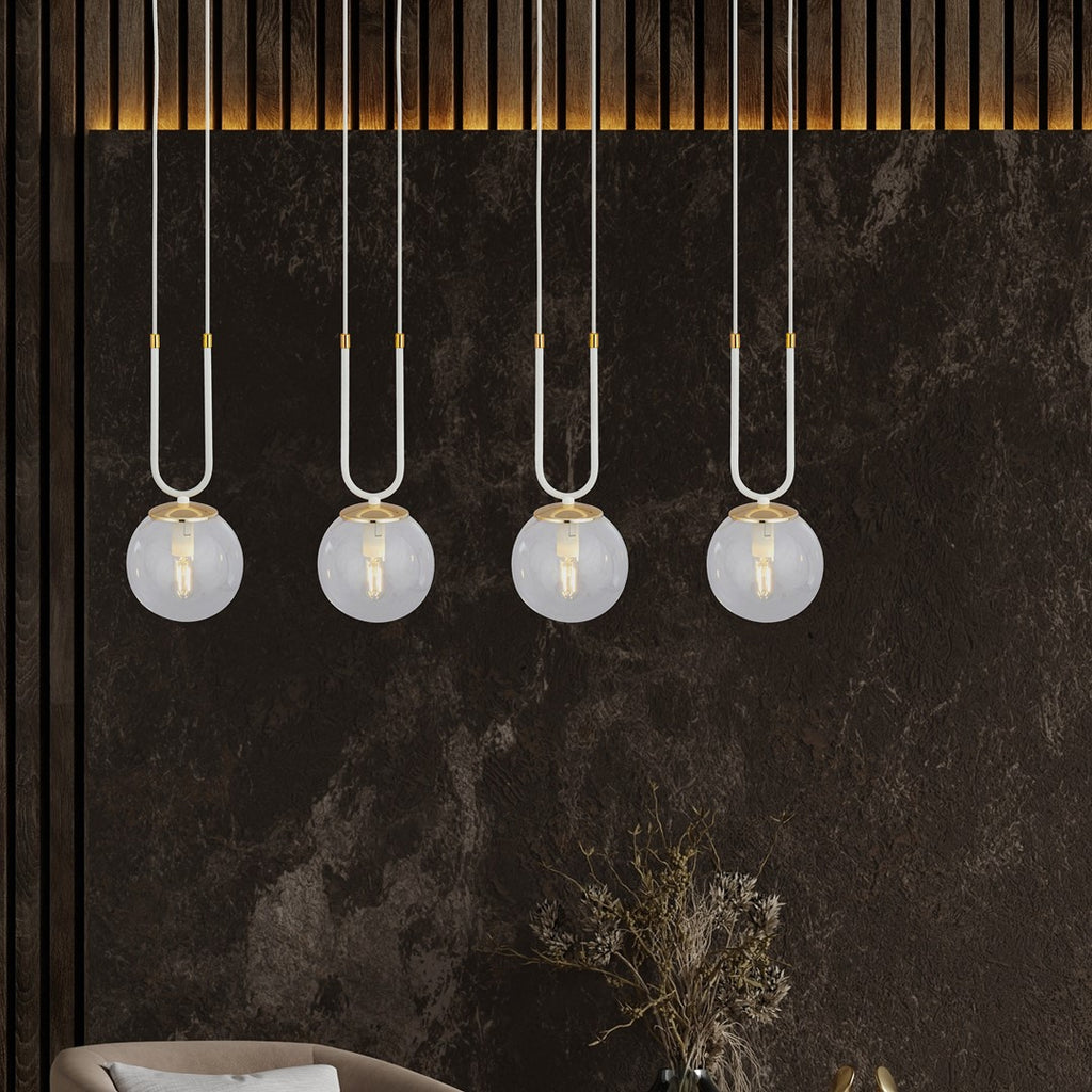 Hanglamp 4 lichts gepoedercoat staal en glas, retro Glam, wit met transparante kappen, 92 x 115 cm