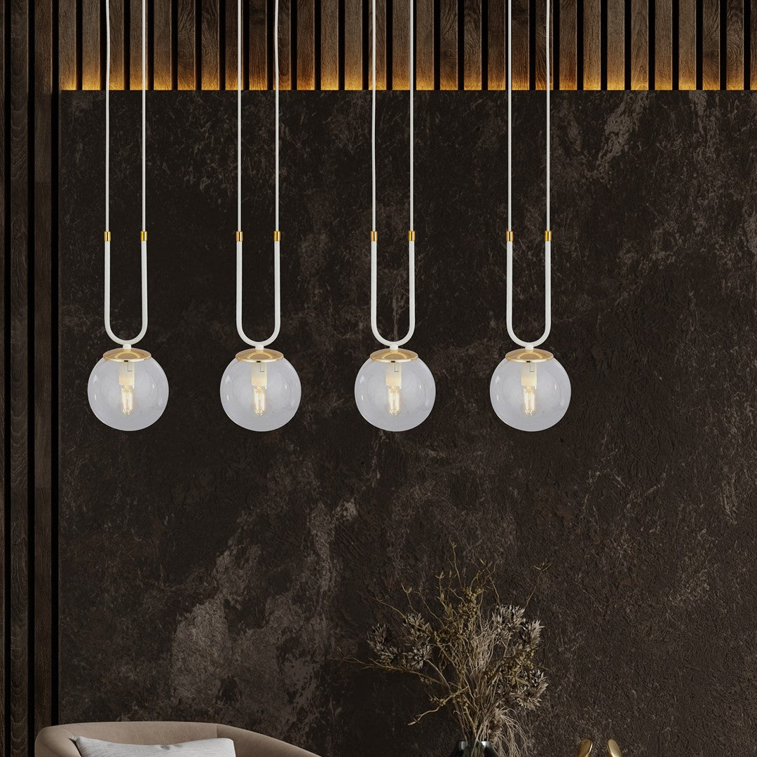 Hanglamp 4 lichts gepoedercoat staal en glas, retro Glam, wit met transparante kappen, 92 x 115 cm
