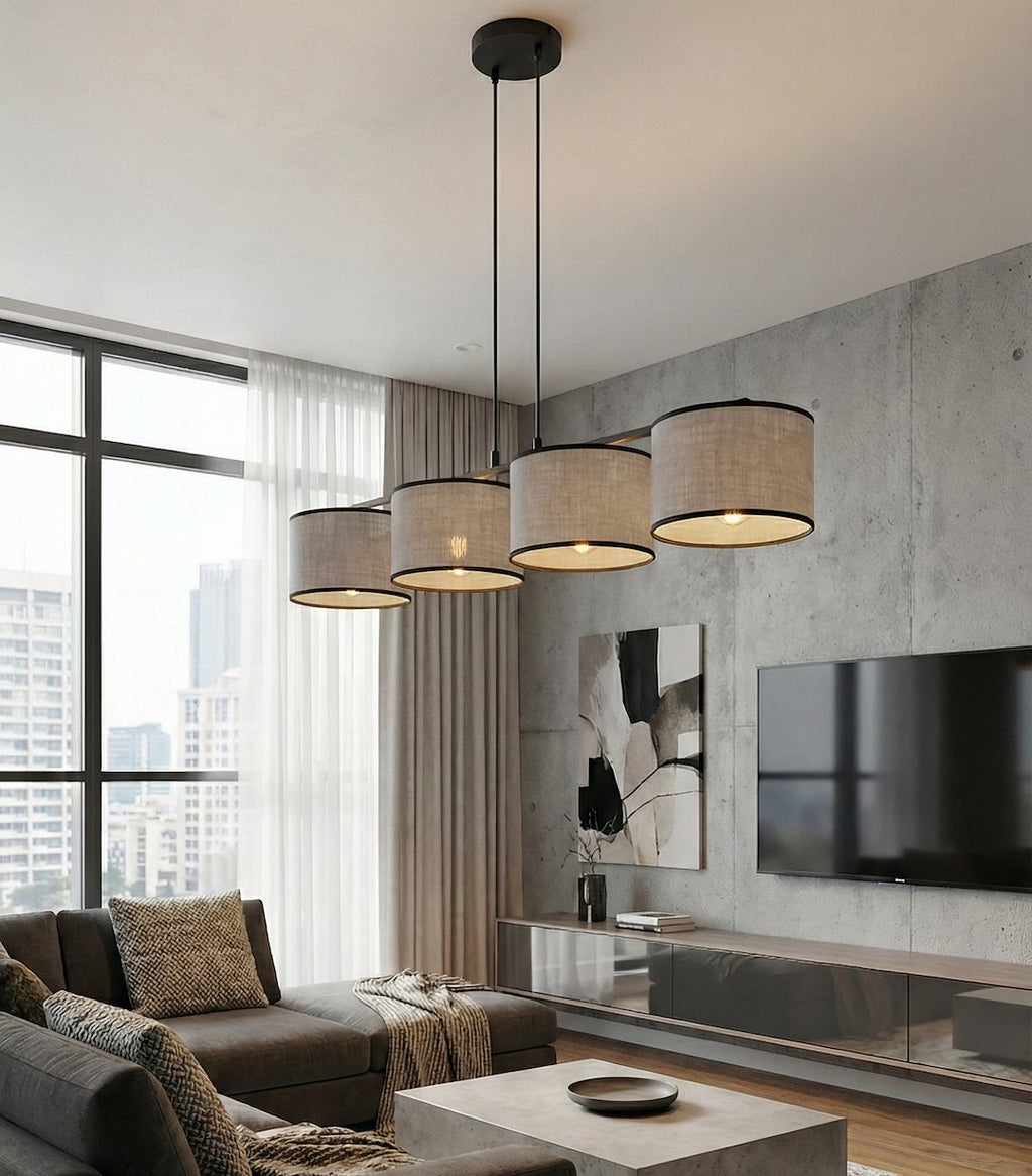 Hanglamp gepoedercoat staal stoffen kap minimalistisch Eco grijs zwart 96 cm, 4 fittingen E27, voor eettafel en keukeneiland