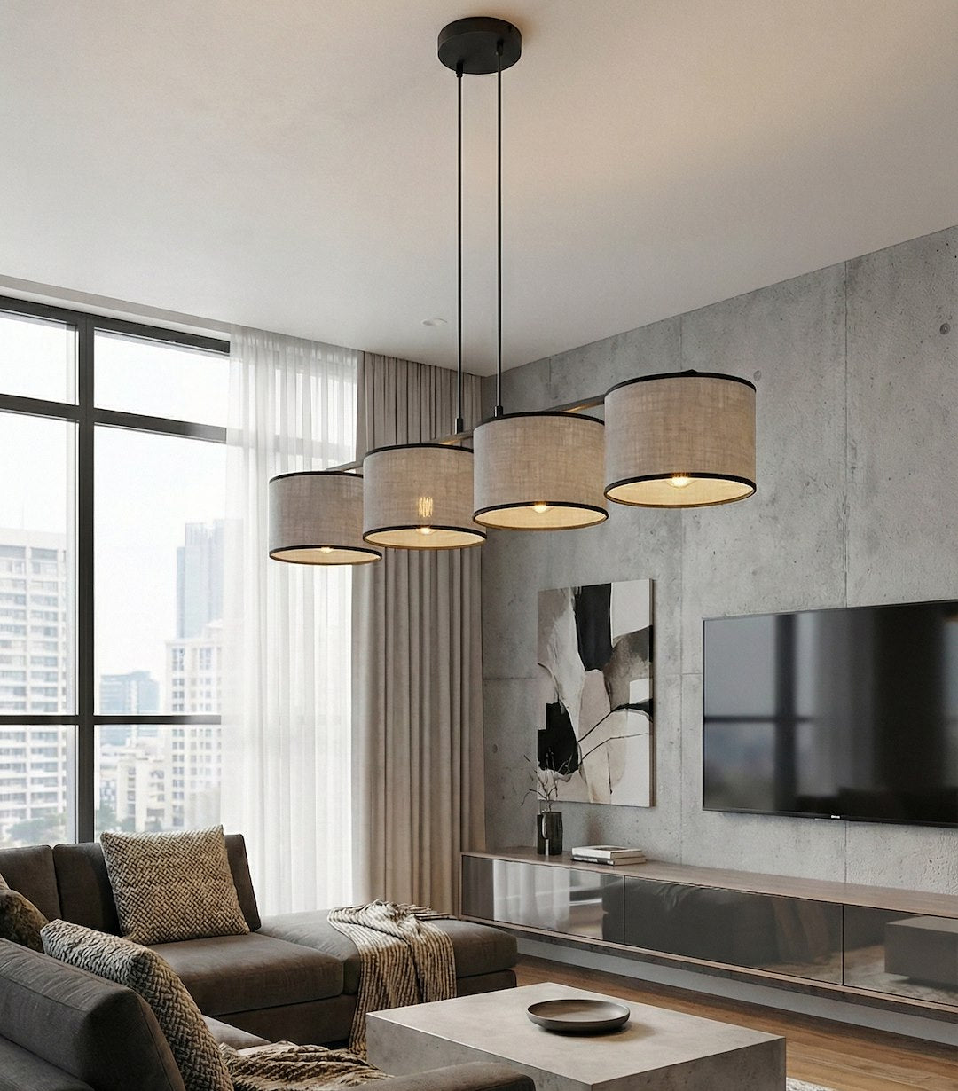 Hanglamp gepoedercoat staal stoffen kap minimalistisch Eco grijs zwart 96 cm, 4 fittingen E27, voor eettafel en keukeneiland