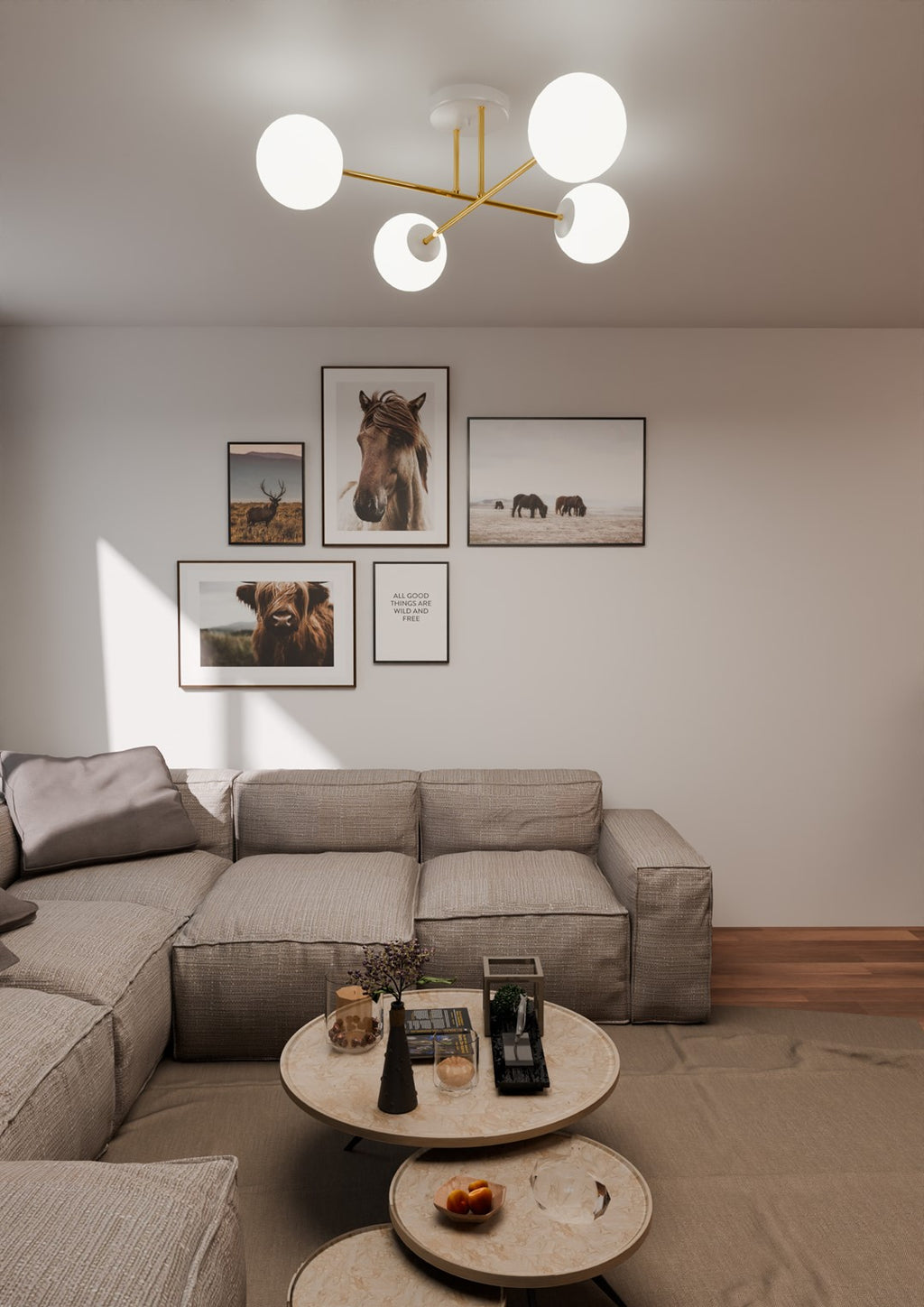 Plafondlamp gepoedercoat staal en glas Magnum, goud en wit, 4 lampen E14, 55 cm breed, woonkamer en eetkamer