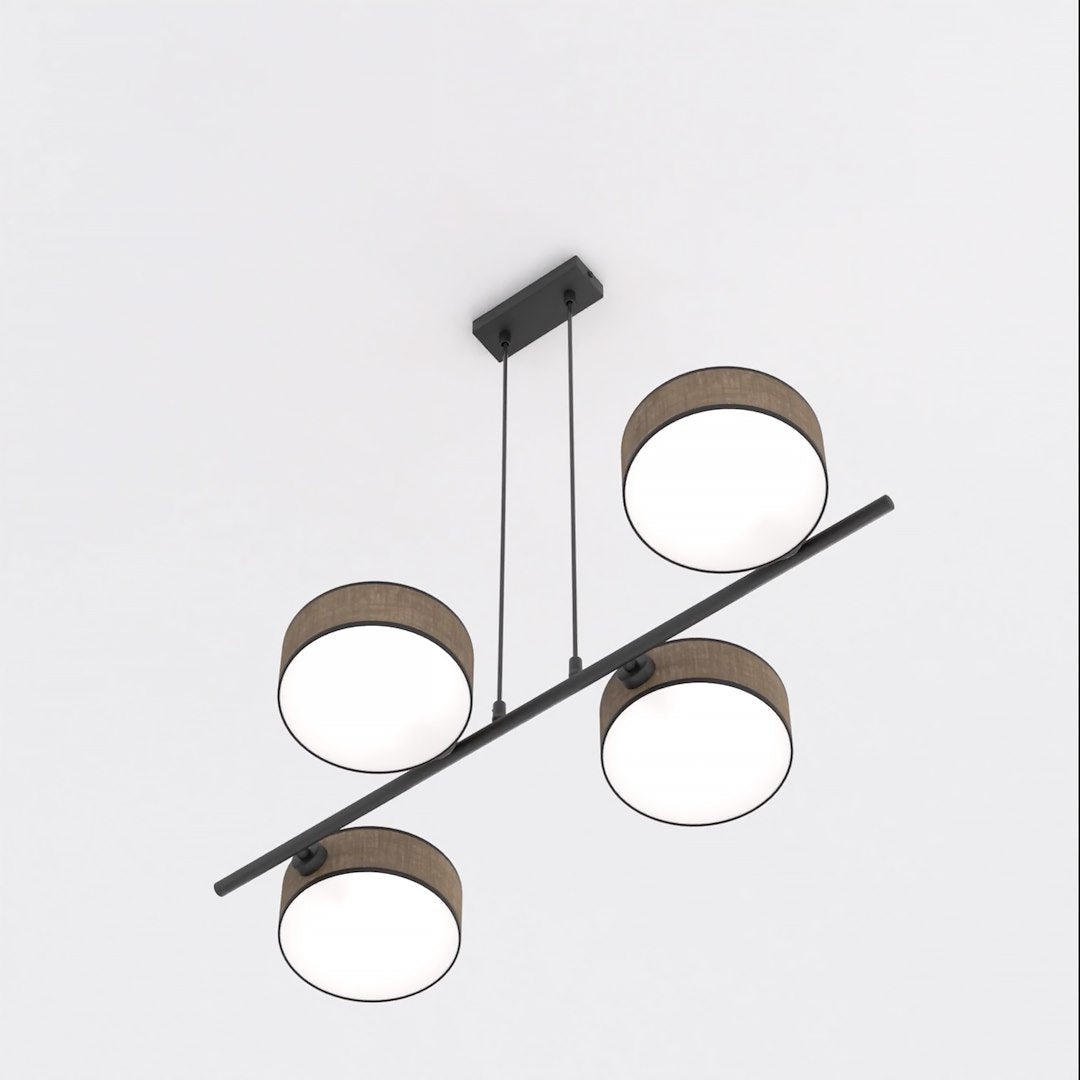 Hanglamp lineair gepoedercoat staal Japandi Drumz 4 bruin zwart, 4 kappen Ø 20 cm, eettafel en keukeneiland