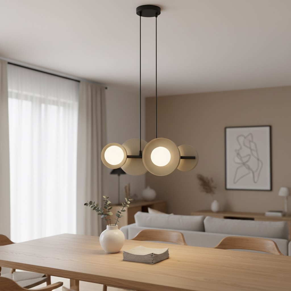 Hanglamp gepoedercoat staal minimalistisch mokka met witte kapjes, 4 lichtpunten G9, eetkamer en kookeiland