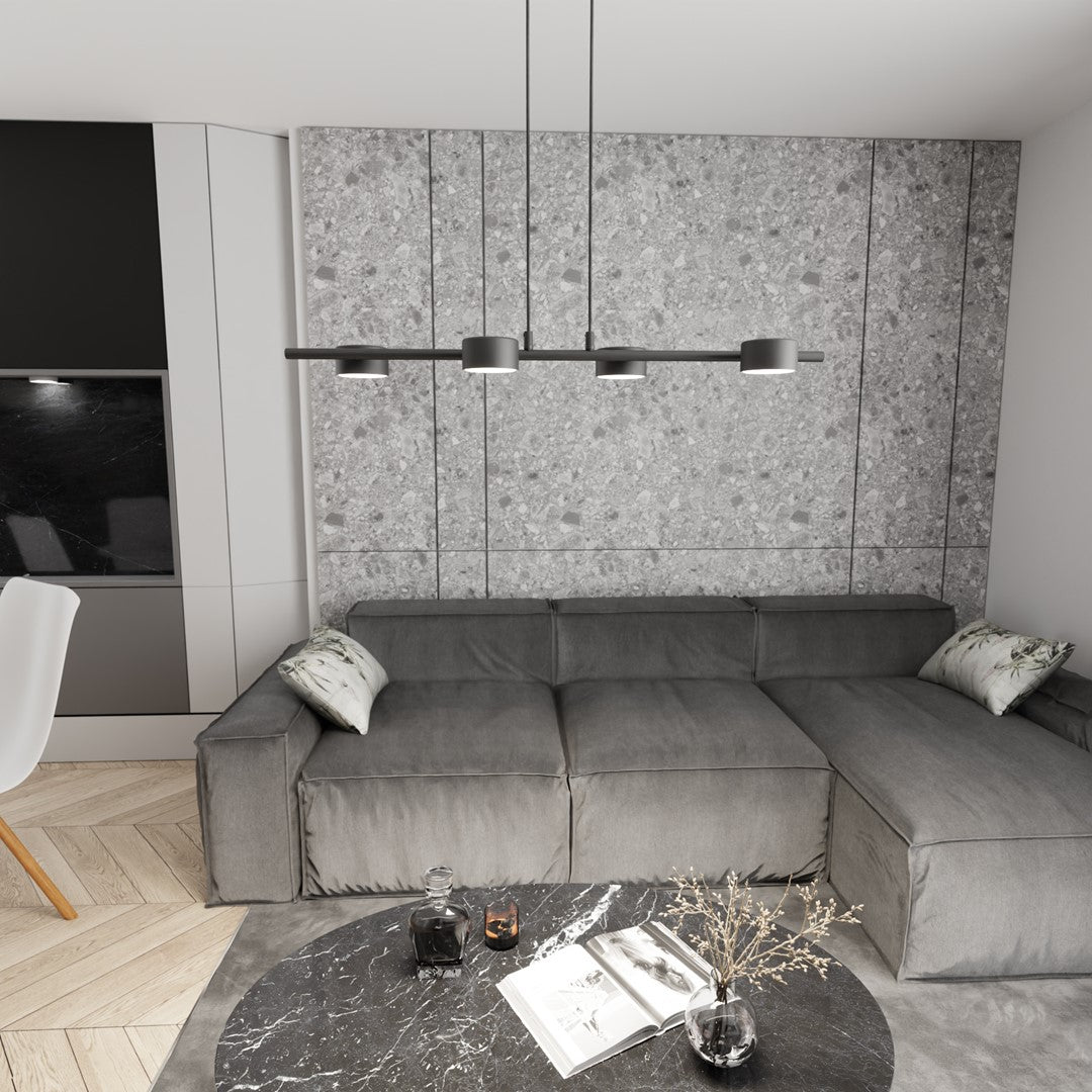 Hanglamp gepoedercoat staal modern Sora, zwart, 80 x 19 x 140 cm, 4 lichtpunten voor eetkamer, keuken en kantoor