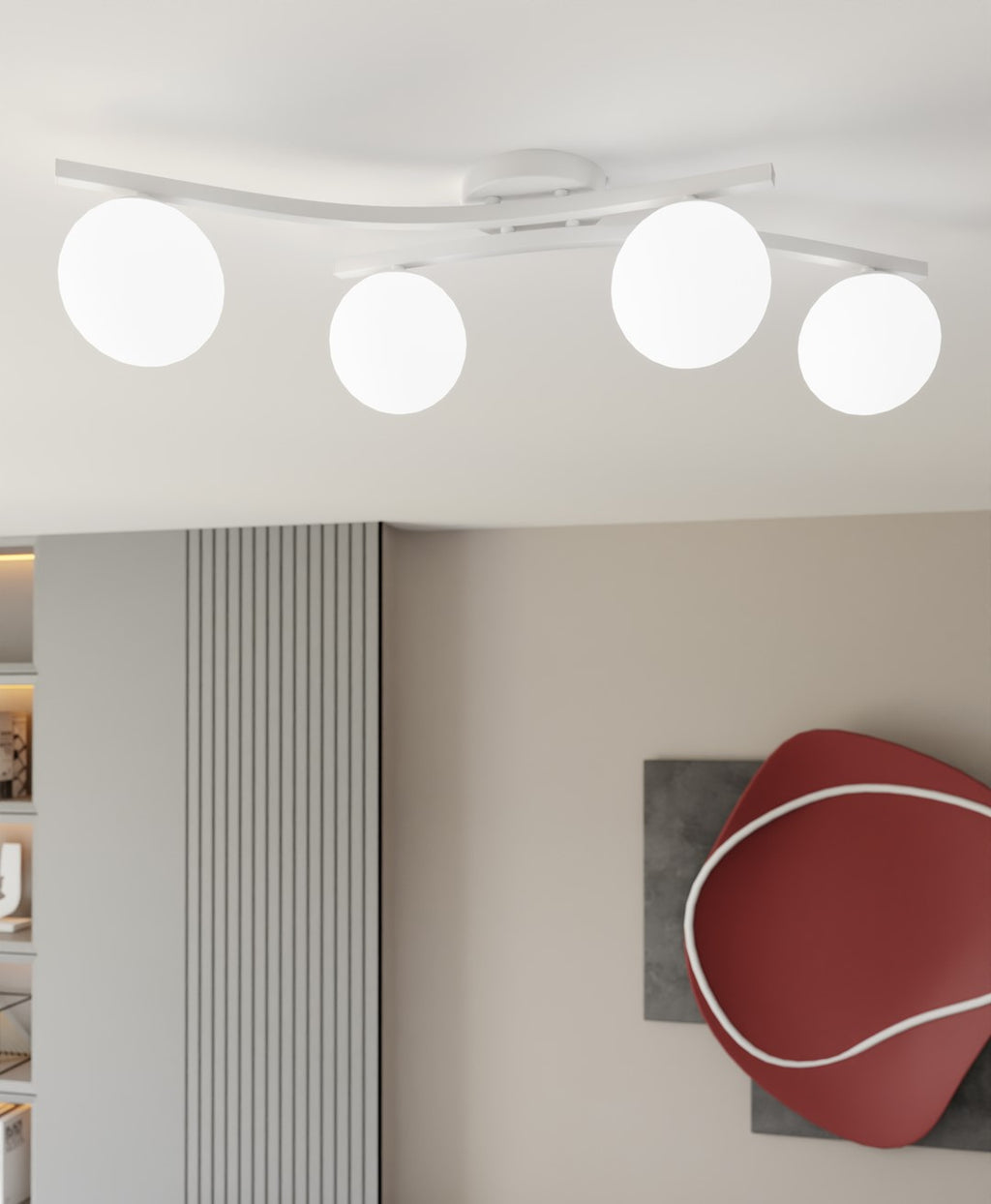 Plafondlamp gepoedercoat staal Opus, modern, wit opaalglas, 4 lichtpunten E14 – 60 x 60 cm