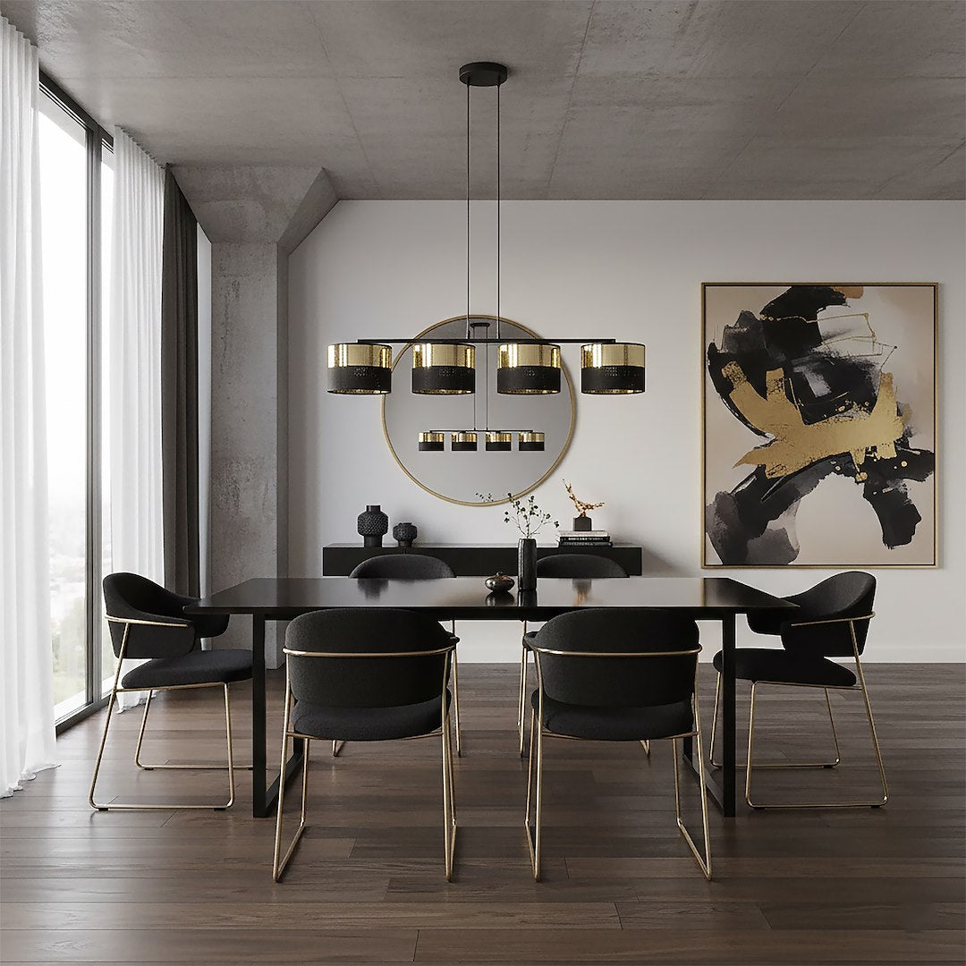 Hanglamp staal modern Lux zwart met goud, 4 lichtpunten, kap Ø 20 cm, breedte 96 cm, boven eettafel of keukeneiland