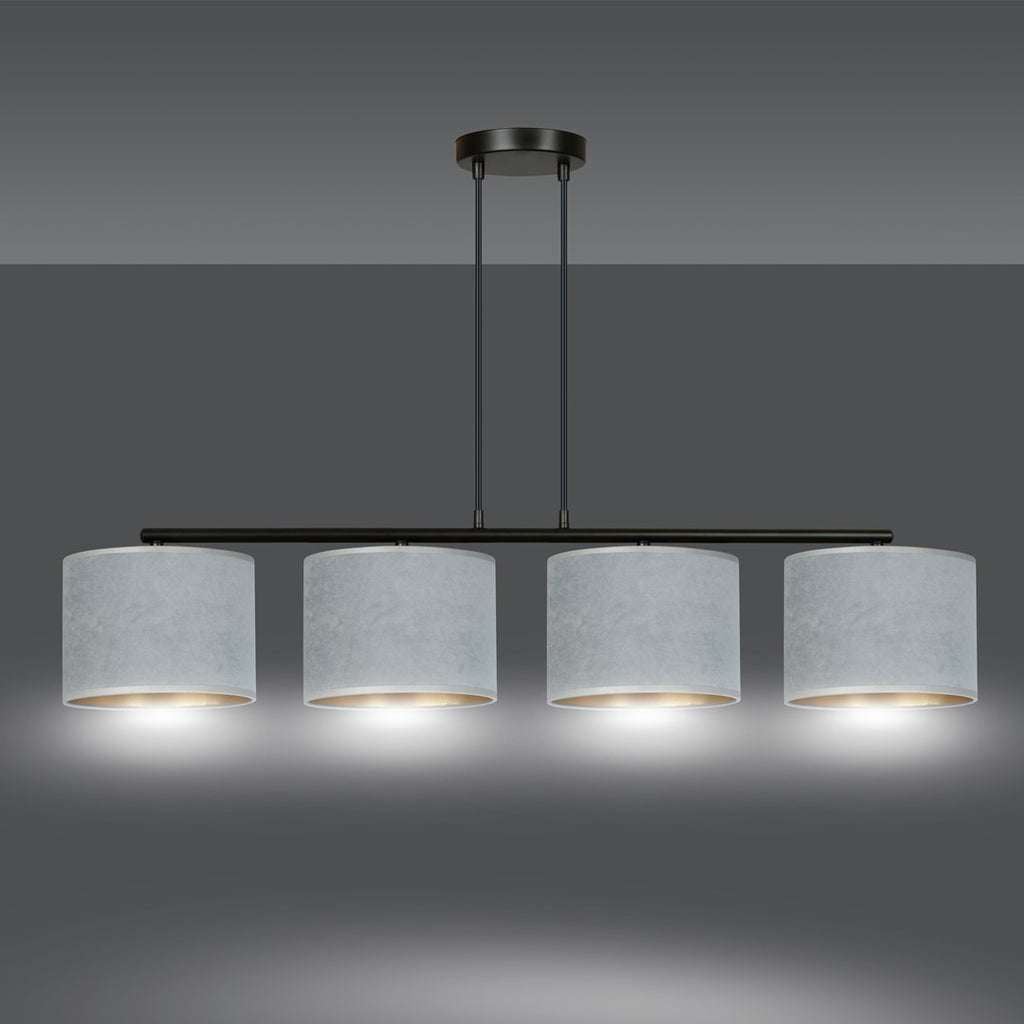 Hanglamp gepoedercoat staal en stof Hilde, grijs met zwart frame, 4 kappen Ø 20 cm – 97 x 100 cm