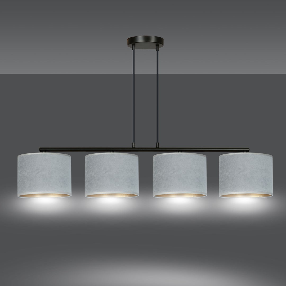 Hanglamp gepoedercoat staal en stof Hilde, grijs met zwart frame, 4 kappen Ø 20 cm – 97 x 100 cm