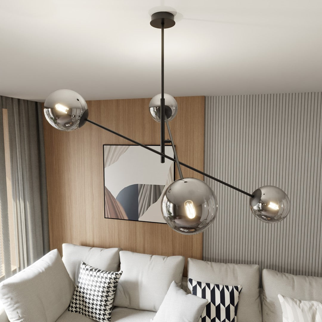 Hanglamp gepoedercoat staal en glas Linear 4 lichts, zwart/grafiet – 102 x 51 cm, boven eettafel of kookeiland