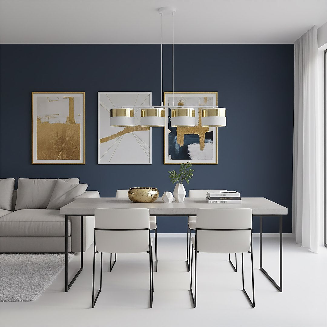 Hanglamp gepoedercoat staal Lux modern wit en goud, 4 fittingen E27, breedte 96 cm, voor eettafel of kookeiland