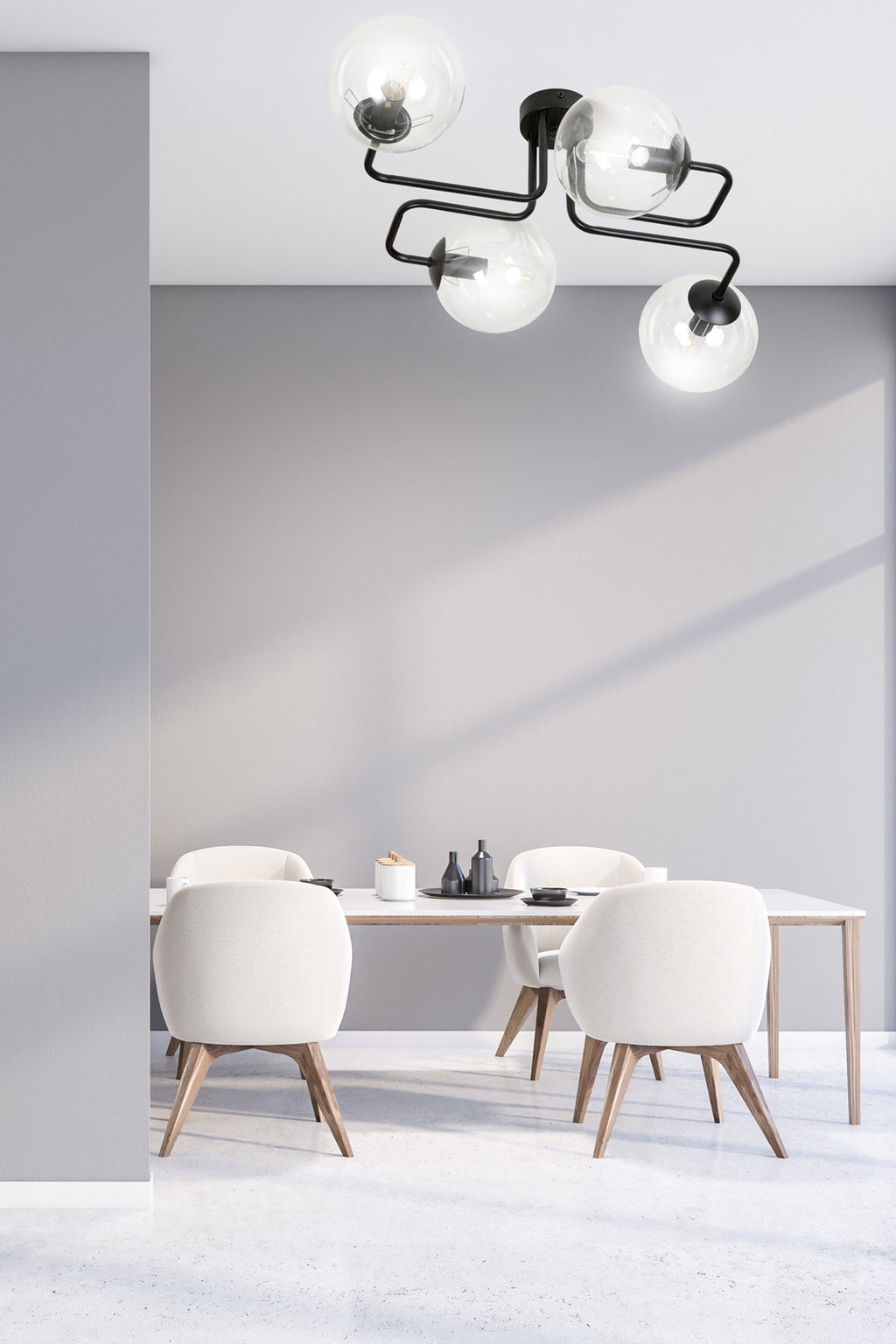 Plafondlamp gepoedercoat staal en glas Brendi 4 lichts, zwart met transparante glazen kappen, 55 x 32 cm