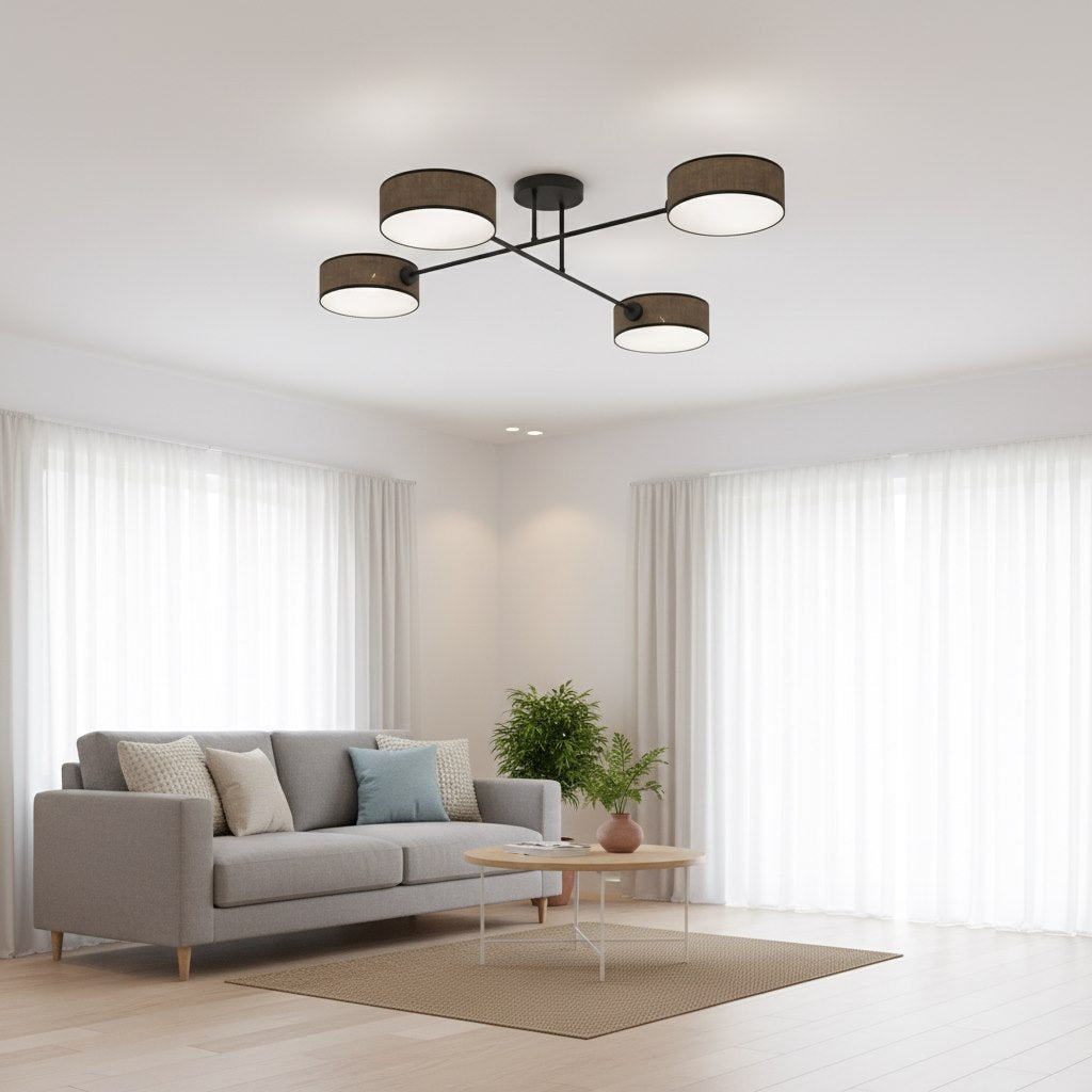 Plafondlamp gepoedercoat staal Japandi Maga 4, bruin zwart, 96 x 96 cm, 4 lichtpunten, woonkamer en eetkamer